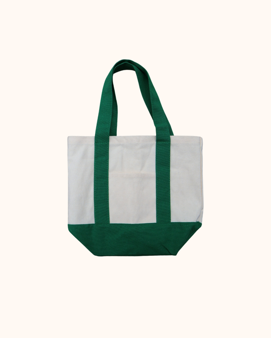 Custom embroidered mini canvas tote bag with forest green handles and personalized name — Shelly's Threadzz Houston TX