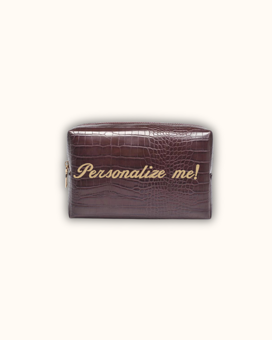 Custom embroidered faux croc cosmetic pouch with gold monogram initials